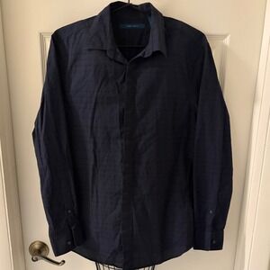 Perry Ellis Men's Navy Tonal Stripe Hidden Button Cotton Dress Shirt Size M
